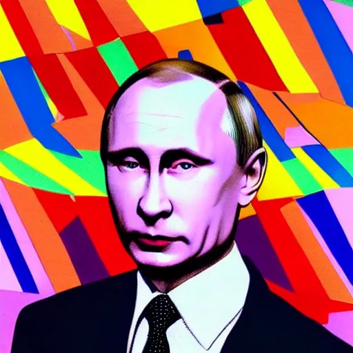 Image similar to portrait of Vladimir Putin looking very sly, bold 80's style, colourful, Memphis Group