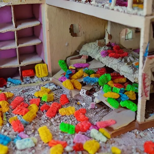 Prompt: sour patch kids at war inside abandoned dollhouse