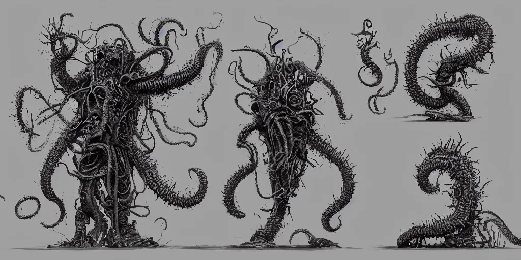 Image similar to Lovecraftian horror design, character sheet, kim jung gi style, Greg Rutkowski, Zabrocki, Karlkka, Jayison Devadas, trending on Artstation, 8K, ultra wide angle, zenith view, pincushion lens effect