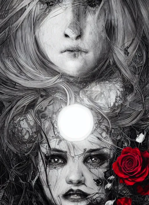 Prompt: portrait, A witch in front of the full big moon, book cover, red roses, red white black colors, establishing shot, extremly high detail, foto realistic, cinematic lighting, pen and ink, intricate line drawings, by Yoshitaka Amano, Ruan Jia, Kentaro Miura, Artgerm, post processed, concept art, artstation, matte painting, style by eddie, raphael lacoste, alex ross