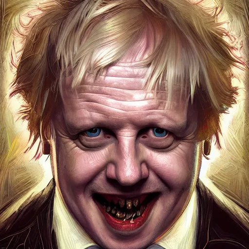 Prompt: portrait of Boris Johnson as a Stranger Things villain, sinister, intricate, headshot, highly detailed, digital painting, artstation, concept art, sharp focus, illustration, art by artgerm and greg rutkowski and alphonse mucha