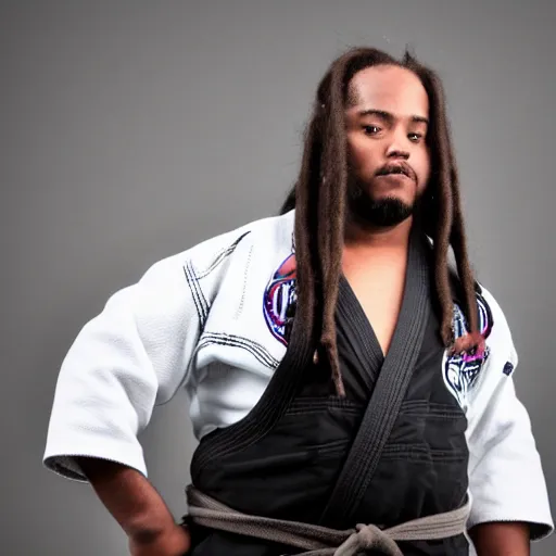 Prompt: photo of chubby black bjj athlete with long dreads posing, serious face, white belt, professional photo