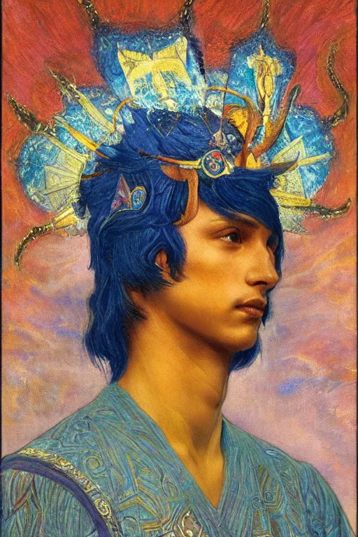 Image similar to prince of dawn with stars in his hair, by Annie Swynnerton, and Nicholas Roerich and Tino Rodriguez and Diego Rivera , elaborate headdress and embroidered velvet, iridescent beetles, rich color, dramatic cinematic lighting, extremely detailed