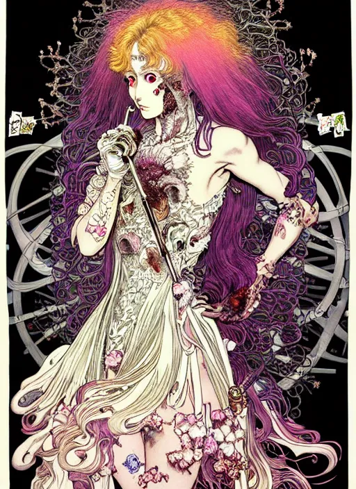 Image similar to highly detailed terada katsuya artstation ayami kojima manga poster of princess mechine open mouthed enraged damaged angry zombie, rainbow gradient reflection, long hair, armor, dress, laces, ruffles, 8 k, maximalist,, jump comics, tomer hanuka, alphonse mucha