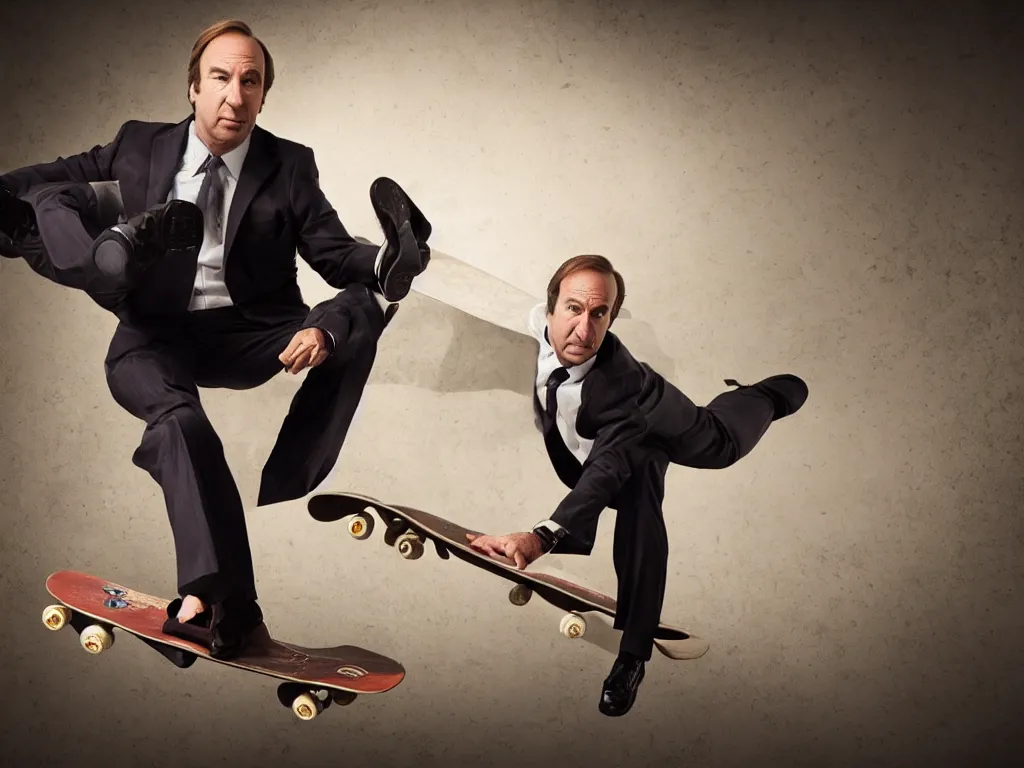 Image similar to saul goodman on a skateboard, studio photo, stunning scene, hdr, dynamic lighting,