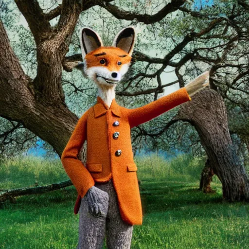 Prompt: realistic photograph of fantastic mr. fox standing under an old oak tree, wes anderson, ansel adams