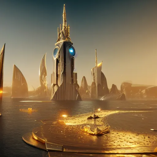 Prompt: a golden fantasy sci fi luxurious city with cerulean oceansides and a tower, scandinavian / norse influenced, cinematic, ray traced, octane render, cinematic lighting, ultrarealistic, featured on artstation, 8 k uhd artwork