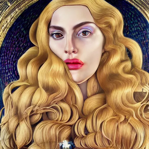 Image similar to photo realistic, hyper realism, lady gaga artpop act ii album, intricate detail, hyper detail, sandro botticelli style, with honey light brown rapunzel hair, detailed, masterpiece, sharp focus,