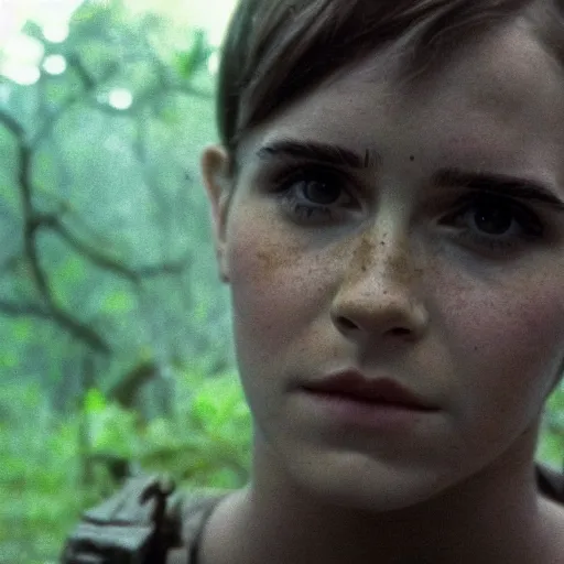 Image similar to film still, close up, portrait, emma watson soldier hiking through dense vietnam jungle, film still from apocalypse now ( 1 9 7 9 ), 2 6 mm, kodak ektachrome, blue tint ektachrome film,