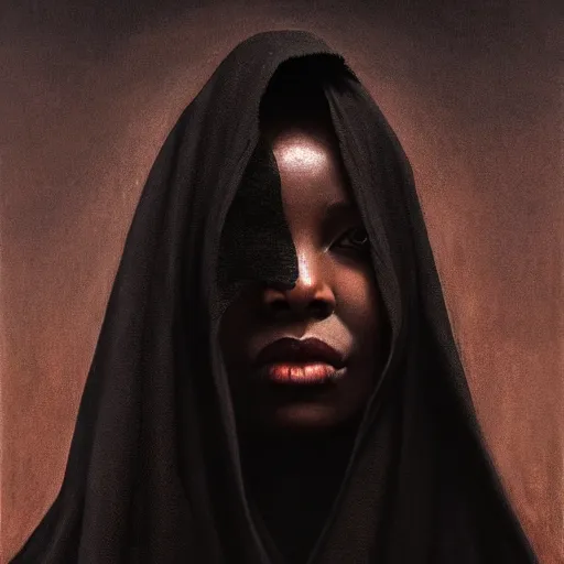 Image similar to a portrait of a young black woman wearing a long dark cloak, hood and shadows covering face, anatomically correct, beautiful perfect face, enigmatic, oil painting, matte painting, black background, Volumetric dynamic lighting, Highly Detailed, Cinematic Lighting, Unreal Engine, 8k, HD, by Beksinski