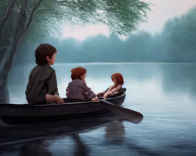 Image similar to a boy and a girl with long flowing auburn hair sitting together on the rowboat. Boy has black short hair, boy has black short hair. Atmospheric lighting, long shot, romantic, boy and girl are the focus, trees, river. Oil Painting, Trending on Artstation, octane render, Insanely Detailed, 8k, HD