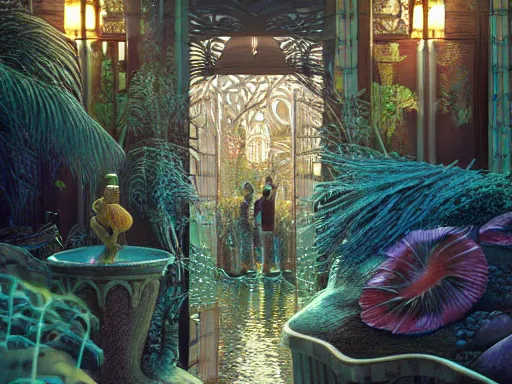 Prompt: an elaborate filigreed biological underwater streetcorner environment, glass panes, glowing lights, fronds, branches, art nouveau, dramatic lighting, 3 - d render, photorealism, unreal engine, art by michael whelan and chris moore and howard david johnson - w 5 1 2