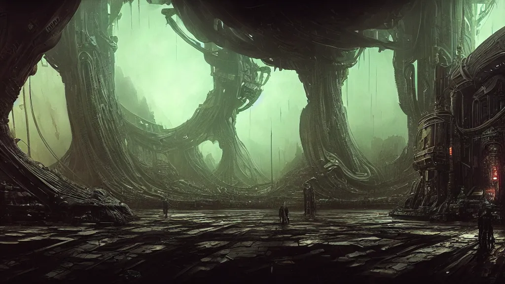 Image similar to Sci-fi environment set in a nightmarish universe of odd forms and somber tapestry, HR Giger, Wadim Kashin, in Peter Elson color scheme, featured in artstation, octane render, cinematic, elegant, intricate, 8k