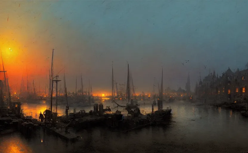 Image similar to an old harbour at dusk by greg ruthkowski and craig mullins and caspar david friedrich