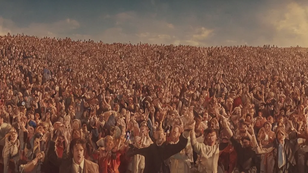 Prompt: movie still of a crowd waving saying good morning, cinematic composition, cinematic light, by alejandro jodorowsky