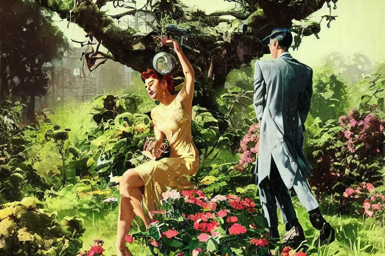 Image similar to 5 0 s pulp scifi illustration, elegant woman in beautiful english country garden, flowers, baobab trees, country mansion, spacehip lands, by norman rockwell, jack kirby, john berkey, bergey, craig mullins, ruan jia, raymond swanland, jeremy mann, beksinski, tom lovell, alex malveda, schomburg