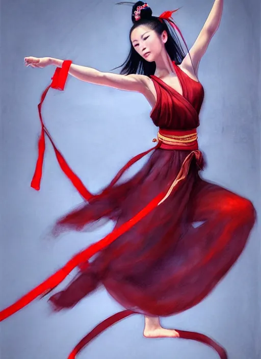 Image similar to full body portrait of a dancer throwing silk belts, feet, barefoot, full body, tanned, vivacious, athletic, hanfu, chinese ribbon dance, wide ribbons, silk belt, wuxia, martial arts, ming dynasty, detailed, realistic face, anatomically accurate, fantasy illustration, dnd, deviantart, artstation, wlop.