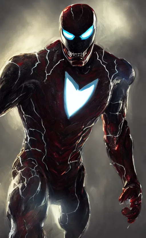 Image similar to venom as ironman, dynamic lighting, photorealistic fantasy concept art, trending on art station, stunning visuals, terrifying, creative, cinematic