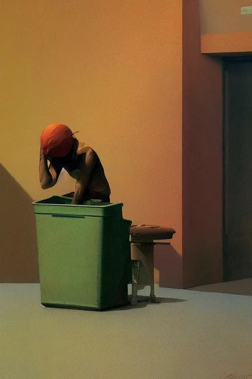 Prompt: a man wearing a trash bin through her head Edward Hopper and James Gilleard, Zdzislaw Beksinski highly detailed