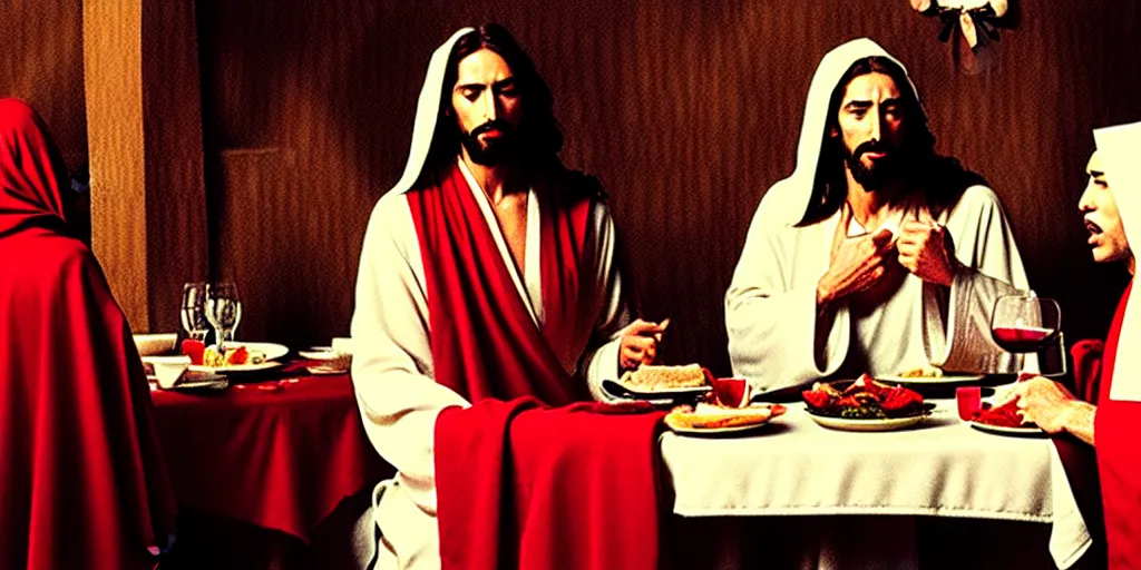 Image similar to jesus christ in a robe and red scarf, in a restaurant, on a date, yelling at a waiter