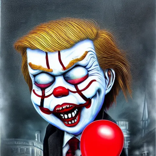 Image similar to grunge painting of donald trump with a wide smile and a red balloon by chris leib, loony toons style, pennywise style, corpse bride style, horror theme, detailed, elegant, intricate