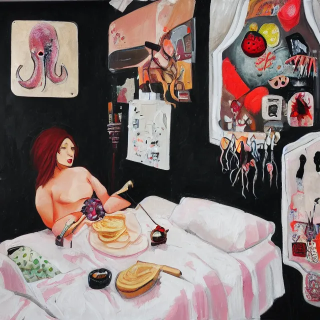 Prompt: a portrait in a female artist's bedroom, black walls, emo girl eating pancakes, sheet music, berries, surgical supplies, handmade pottery, flowers, sensual, octopus, neo - expressionism, surrealism, acrylic and spray paint and oilstick on canvas