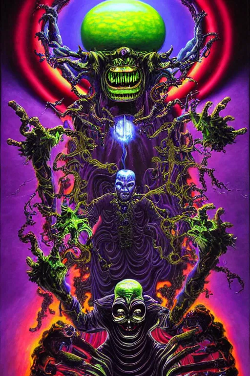 Image similar to a hyperrealistic painting of an epic boss fight against an ornate supreme telekinetic psychic dark overlord, cinematic horror by chris cunningham, lisa frank, richard corben, highly detailed, vivid color,