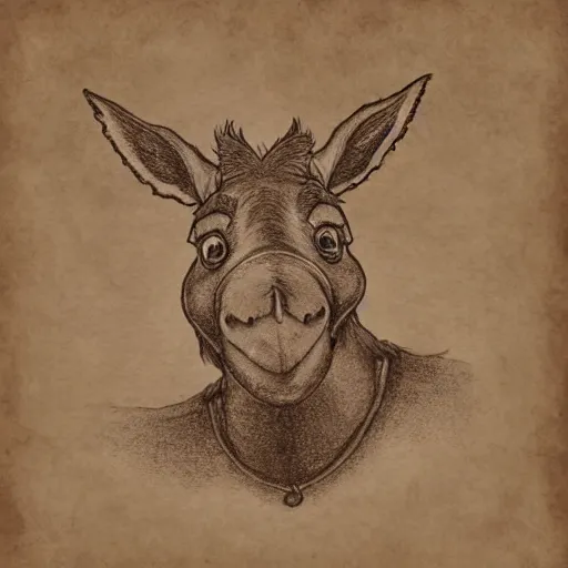 Prompt: tintype, ink drawing of a man-sized anthropomorphic donkey wearing elegant clothing, brown color scheme, detailed, realistic, sketch, cartoon, funny, elegant, woods background, fairytale