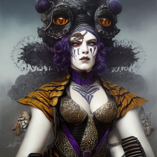 Image similar to tom bagshaw, soft painting fractal curiosities carnival, very beautiful female tigress mutation in full nightshade gothic armor, accurate features, focus, very intricate ultrafine details, black white purple volumetric clouds, award winning masterpiece, octane render 8 k hd