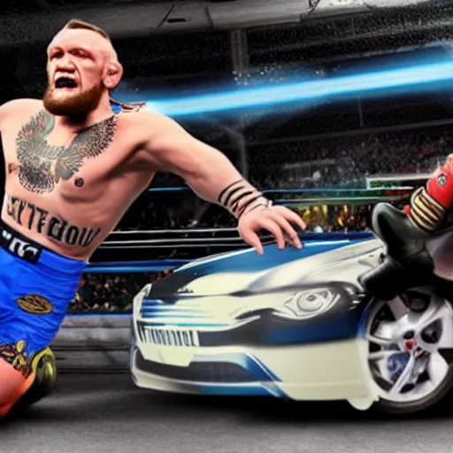 Image similar to a humanoid car wrestling conor mcgregor, ultra detailed, ultra realistic