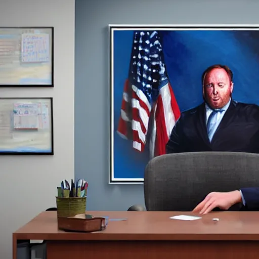 Prompt: alex jones inside an american office under fluorescent lights, oil painting