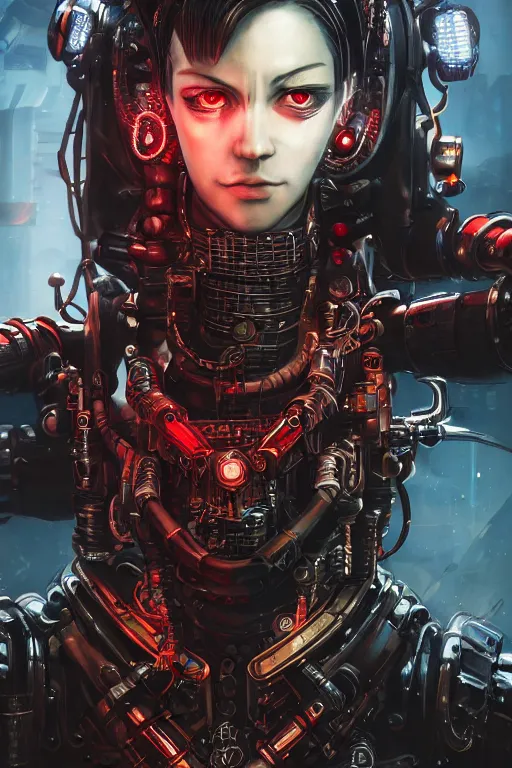 Prompt: Poster portrait of a cyberpunk steampunk dieselpunk sci-fi cyborg ninja, third person, D&D, sci-fi fantasy, pistons and bolts, intricate, black and red, highly detailed, art by Range Murata, highly detailed, 3d, octane render, bright colors, digital painting, trending on artstation, sharp focus, illustration style of Stanley Artgerm, hyper detailed background in a cinematic style