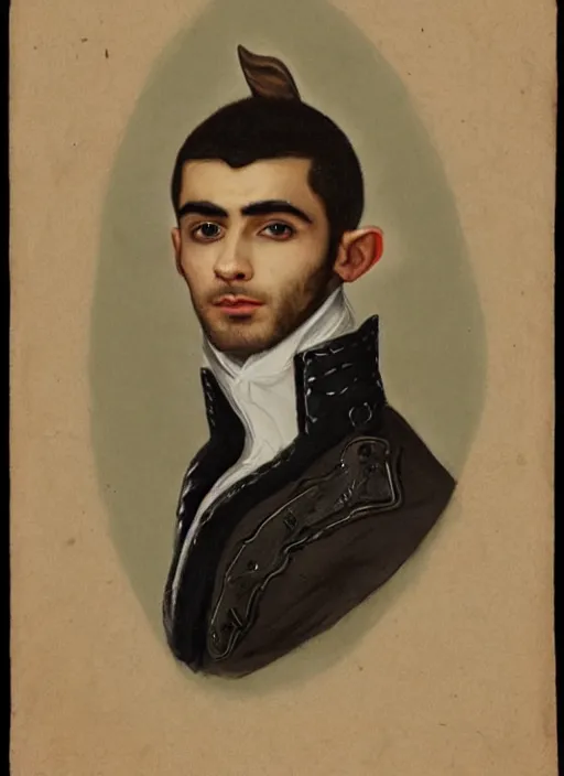 Prompt: portrait of zayn malik as an elf by henriette ronner - knip, only one head single portrait, pointy ears, wearing a black leather napoleonic military jacket