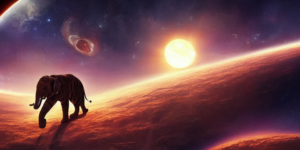 Image similar to planet - sized tiger elephant in space, next to the sun and stars, cosmic, very wide shot, epic composition, hyper detailed, digital art, trending in artstation, cinematic lighting, studio quality, unreal engine 5 rendered, art style by klimt and nixeu and ian sprigger and wlop and krenz cushart