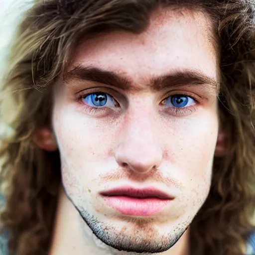 Prompt: portrait of a 2 1 year old german - irish man with long face, long brown hair, strong chin, grey eyes, stubble