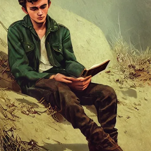 Image similar to a highly detailed epic cinematic concept art CG render digital painting artwork costume design: young James Dean as a well-kept neat anarchist rebel in 1950s USSR green overalls and big boots, reading a book. By Greg Rutkowski, Ilya Kuvshinov, WLOP, Stanley Artgerm Lau, Ruan Jia and Fenghua Zhong, trending on ArtStation, subtle muted cinematic colors, made in Maya, Blender and Photoshop, octane render, excellent composition, cinematic atmosphere, dynamic dramatic cinematic lighting, aesthetic, very inspirational, arthouse