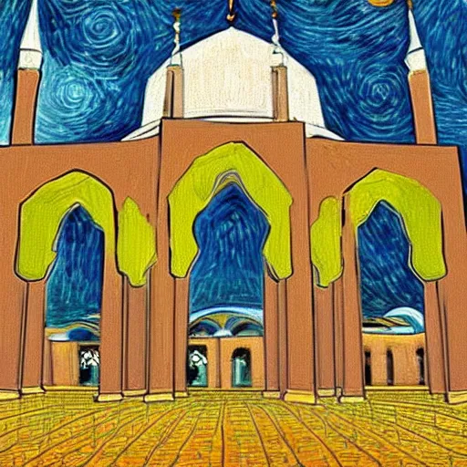 Prompt: abuja national mosque in nigeria in the style of van gogh