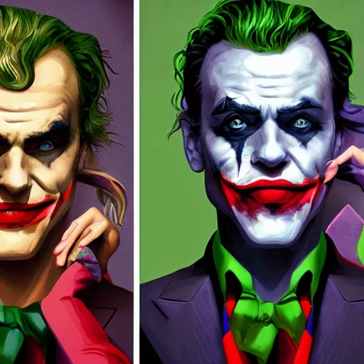 Image similar to the joker holding Margot Robbie printed pictures, digital painting, amazing detail, artstation, cgsociety