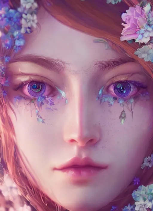 Prompt: portrait of a gorgeous fairy princess of the forest, detailed perfect blue eyes, highly detailed iridescent floral pattern skin, ultra realistic, cinematic lighting, depth of field, artstation, NeoArtCorE