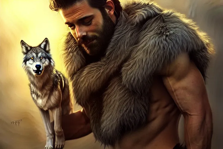 Prompt: photorealistic full body portrait of a gruff ranger with a pet wolf, lean and toned, handsome face, hairy chest and hairy body, D&D, intricate, elegant, highly detailed, digital painting, artstation, concept art, matte, sharp focus, chiaroscuro, well lit, illustration, art by Artgerm and Greg Rutkowski and Alphonse Mucha