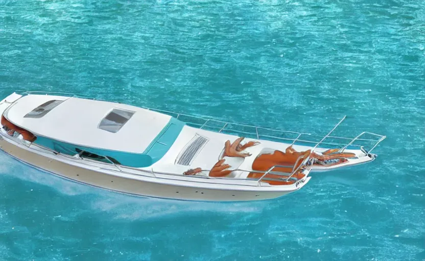 Image similar to photorealistic picture of a sport boat turquoise water. miami. 8 0's style