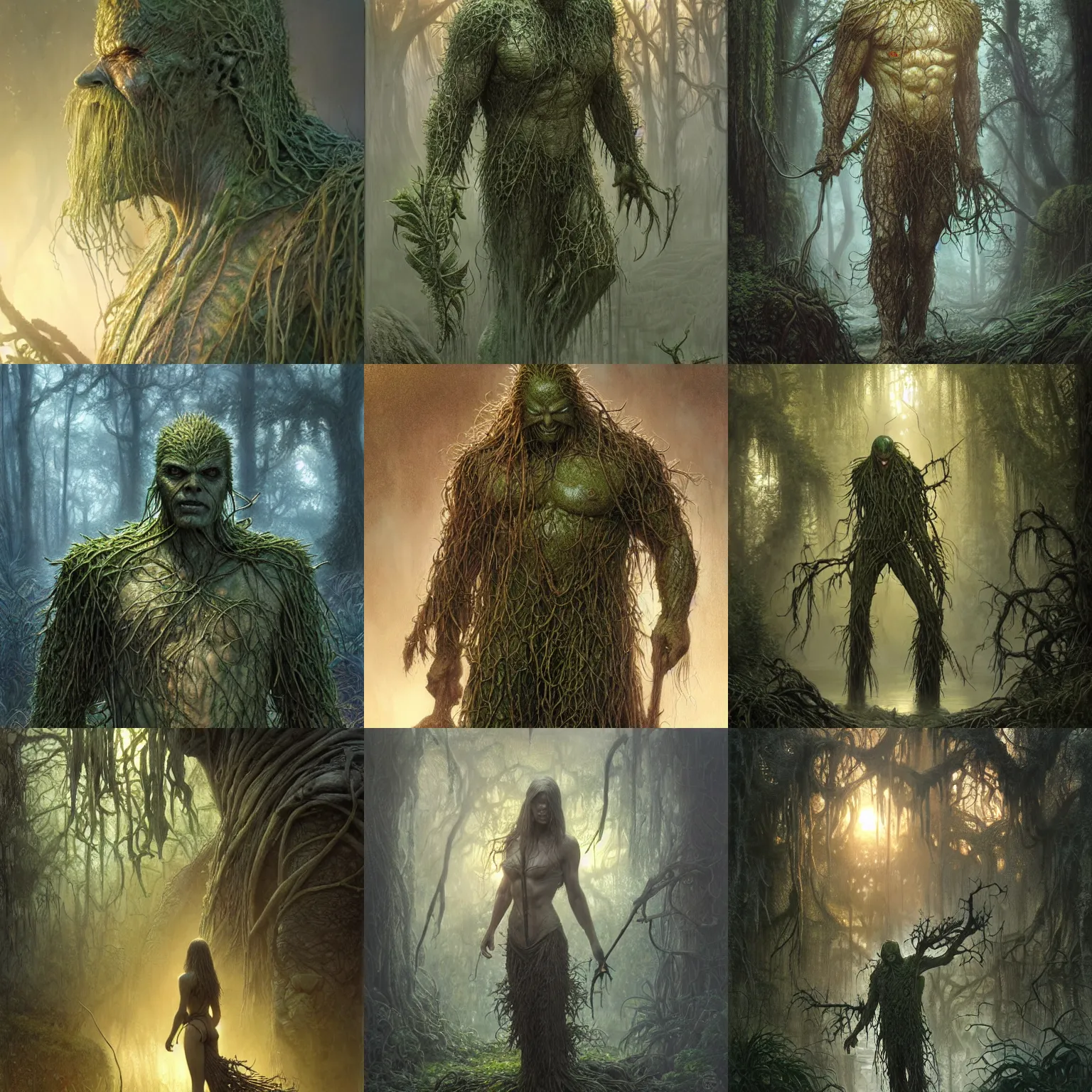 Prompt: swamp thing at dusk, misty athmosphere, ultra realistic, concept art, intricate details, eerie, highly detailed, photorealistic, octane render, 8 k, unreal engine. art by ed blinkley andartgerm and greg rutkowski and alphonse mucha