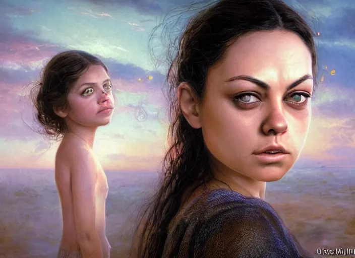 Image similar to big-eyed surprised Mila Kunis staring intensely into the camera, sundown golden hour firefly wisps, Lilia Alvarado, Sophie Anderson, Mark Arian, Bob Byerley, Charlie Bowater, Mark Brooks, Steve Henderson, Justin Gerard, Arthur Hughes, Edward Robert Hughes, Mark Keathley, Victor Nizovtsev, Carlos Shwabe, Ross Tran, WLOP