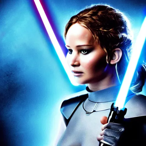 Image similar to jennifer lawrence as a jedi holding up a blue lightsaber, very dark background, official new star wars episode xi movie poster from lucas arts, perfect symmetrical face, full moon, moody lighting, 8 k, shallow depth of field, intricate detail,