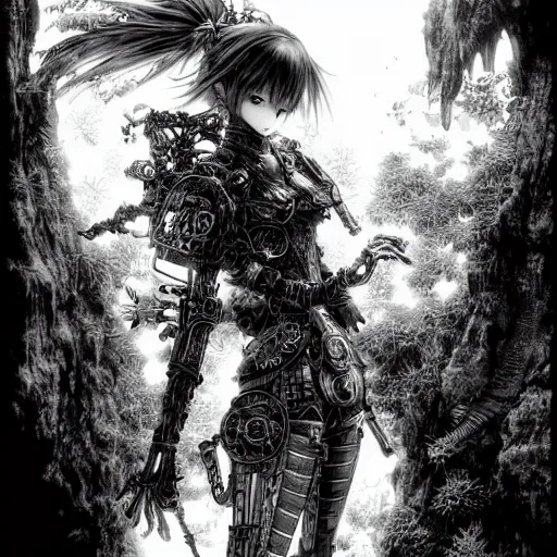 Prompt: a vertical portrait of a character in a scenic environment by yoshitaka amano and nihei tsutomu, black and white, dreamy, steampunk armor, highly detailed