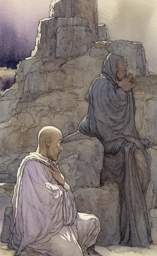 Image similar to a realistic and atmospheric watercolor fantasy concept art of giant monk in grey robes sitting in stonehenge. in the foreground a small female medieval monk in grey robes is kneeling with her hands by her sides. by rebecca guay, michael kaluta, charles vess