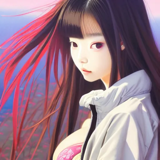 Image similar to a beautiful japanese lalisa alluring gravure model, wearing oversized designer bomber jacket and leotard, bulky poofy bomber jacket with mesoamerican patterns, mesoamerican native street fashion, gapmoe yandere grimdark, trending on pixiv fanbox, painted by greg rutkowski makoto shinkai takashi takeuchi studio ghibli, akihiko yoshida