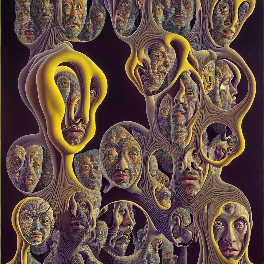 Prompt: infinite fractals forming a human face, recursion, surreal, by salvador dali and mc escher and max ernst and alex grey, oil on canvas, weird, dreams, fantasy, intricate details, soft lighting, warm colors
