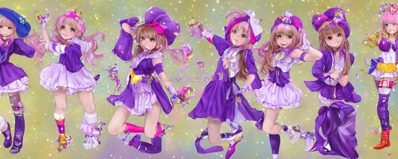 Image similar to A character sheet of full body cute magical girls with short blond hair wearing an oversized purple Beret, Purple overall shorts, Short Puffy pants made of silk, pointy jester shoes, a big billowy scarf, Golden Ribbon, and white leggings Covered in stars with Decora rainbow accessories all over. Short Hair. Flowing fabric. Ruffles and lace. Art by william-adolphe bouguereau and Paul Delaroche and Alexandre Cabanel and Lawrence Alma-Tadema and WLOP and Artgerm. baroque painting. Intricate, elegant, Highly Detailed. Smooth, photoreal. photograph. realistic painting. realistic. Hyper Realistic. Sunlit. Moonlight. Surrounded by clouds. 4K. UHD. Denoise.