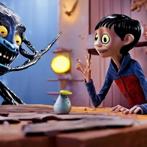 Prompt: a still of from the movie coraline crossover with the movie predator